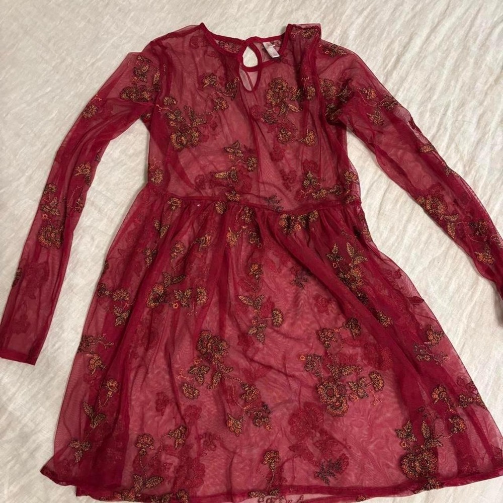 Whimsygoth Burgundy Sheer Mesh Embroidered Mini Dress Long Sleeve XS